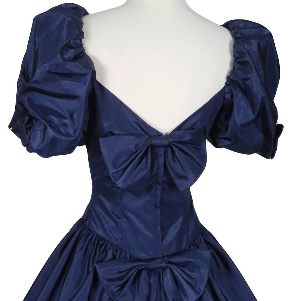 Vintage 80s Navy Blue Taffeta Puff Sleeve Full Skirt Hi Lo Prom Party Dress XS - Picture 2 of 10